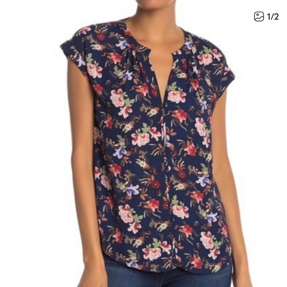 Philosophy Navy Floral Blouse Pink White NWT Small Jewel Tone Office V-Neck